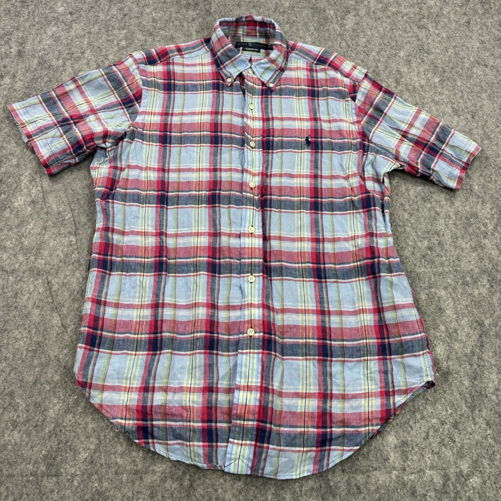 VTG Ralph Lauren Shirt Mens Medium Linen Plaid Classic Fit Preppy Button Up‎
